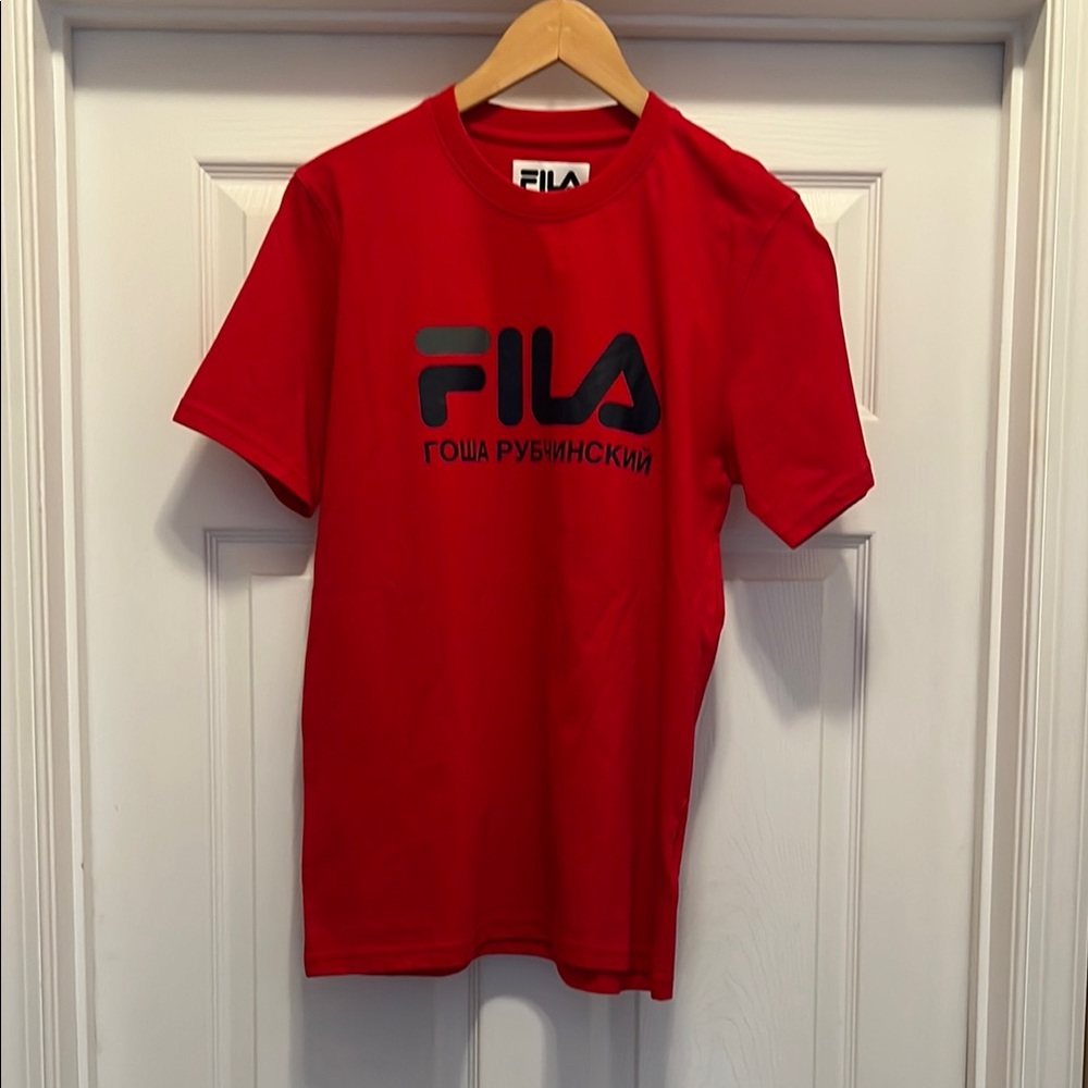 NWT Fila Gosha Rubchinskiy Red Tee with navy and grey printed Logo